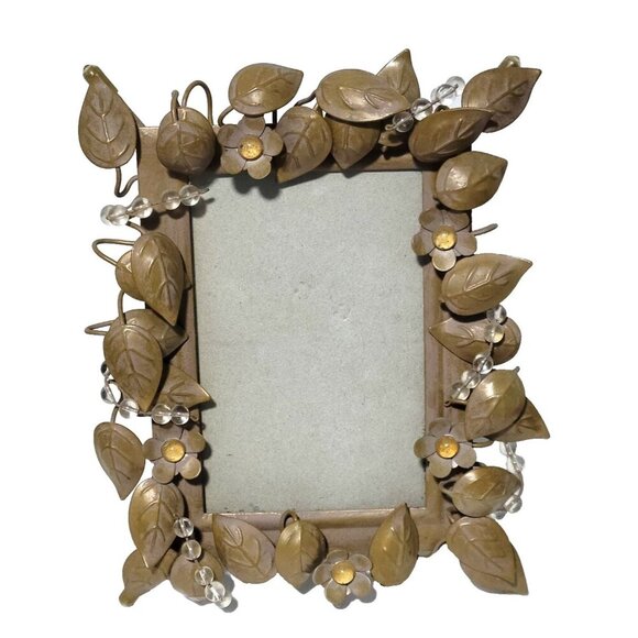 Party Lite 4" x 6" Picture Frame Rustic Golden Leaves Beaded Metalwork Vintage - Picture 1 of 5